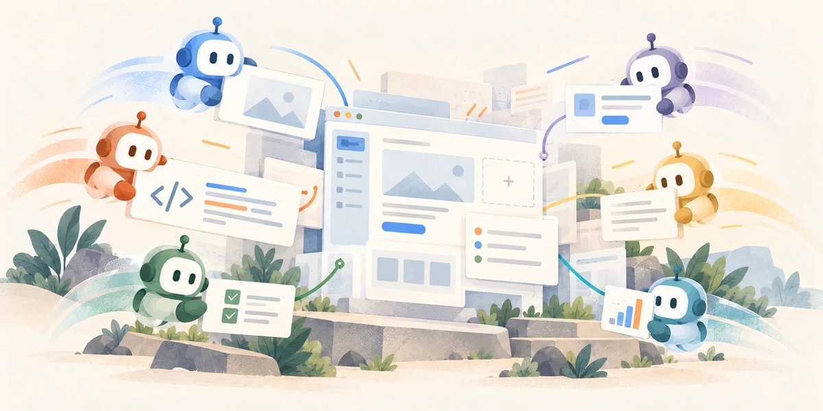 AI agents, each carrying a piece of work, building a software application together