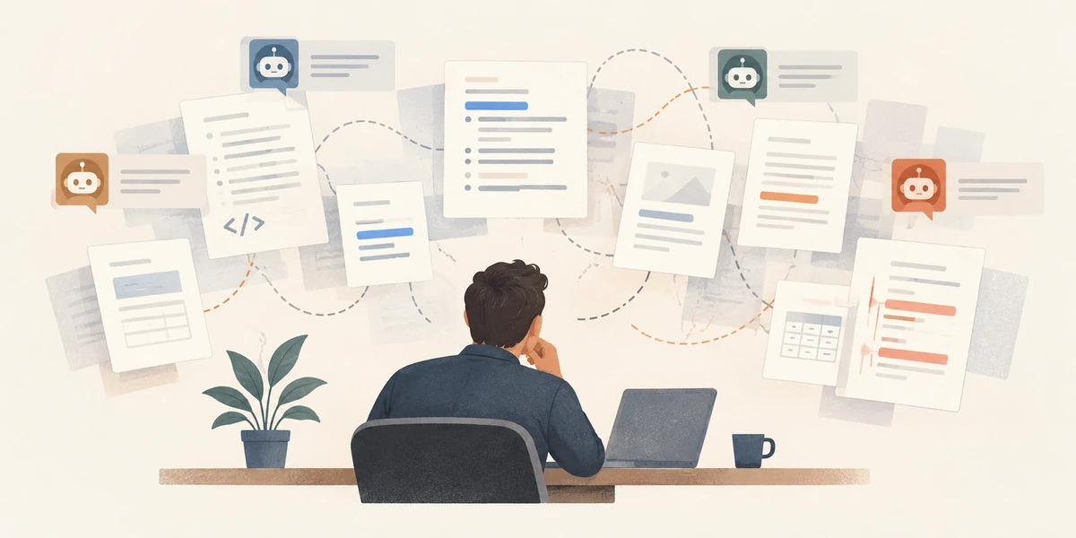 A developer facing scattered documents and agent messages, with no central reference among them