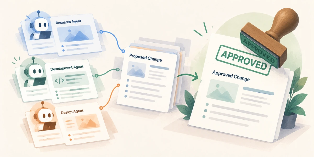 Proposals from research, development and design agents combined into one change and stamped approved